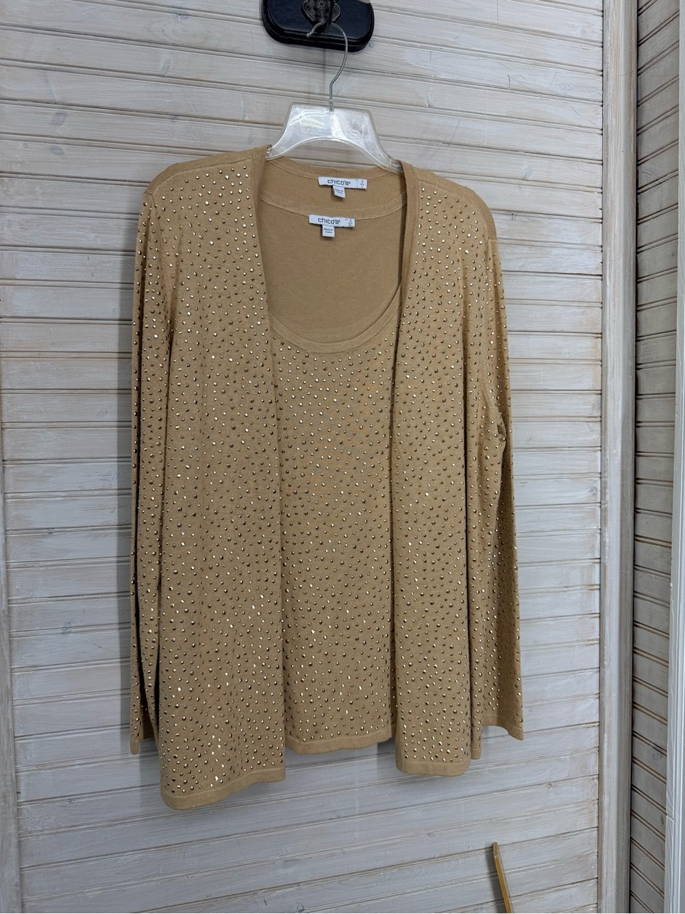 NWOT Chico's Women’s L/XL Festive Camel & Soft Gold Studded Cardigan and Tank